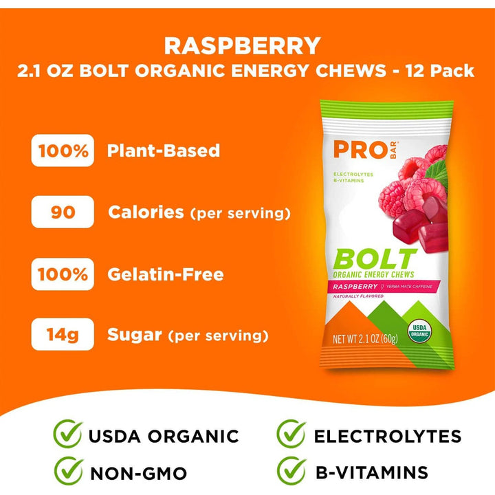 PRO BAR BOLT Organic Energy Chews with Electrolyte and Yerba Mate, Raspberry, Non-GMO, Gluten-Free 60g