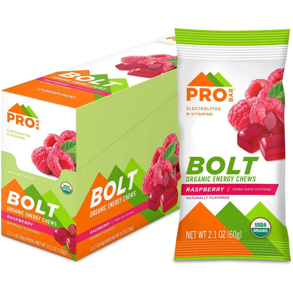 PRO BAR BOLT Organic Energy Chews with Electrolyte and Yerba Mate, Raspberry, Non-GMO, Gluten-Free 60g