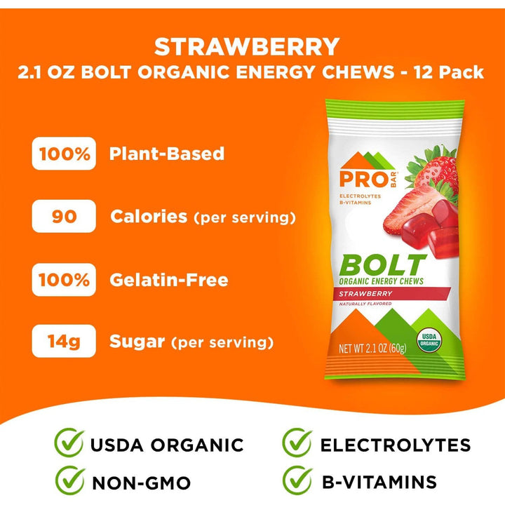 PRO BAR BOLT Organic Energy Chews with Electrolyte and Yerba Mate, Strawberry, Non-GMO, Gluten-Free 60g