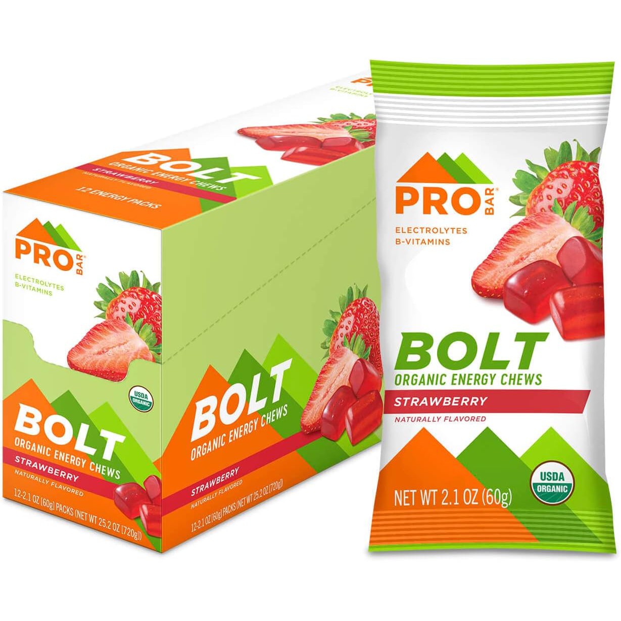 PRO BAR BOLT Organic Energy Chews with Electrolyte and Yerba Mate, Strawberry, Non-GMO, Gluten-Free 60g