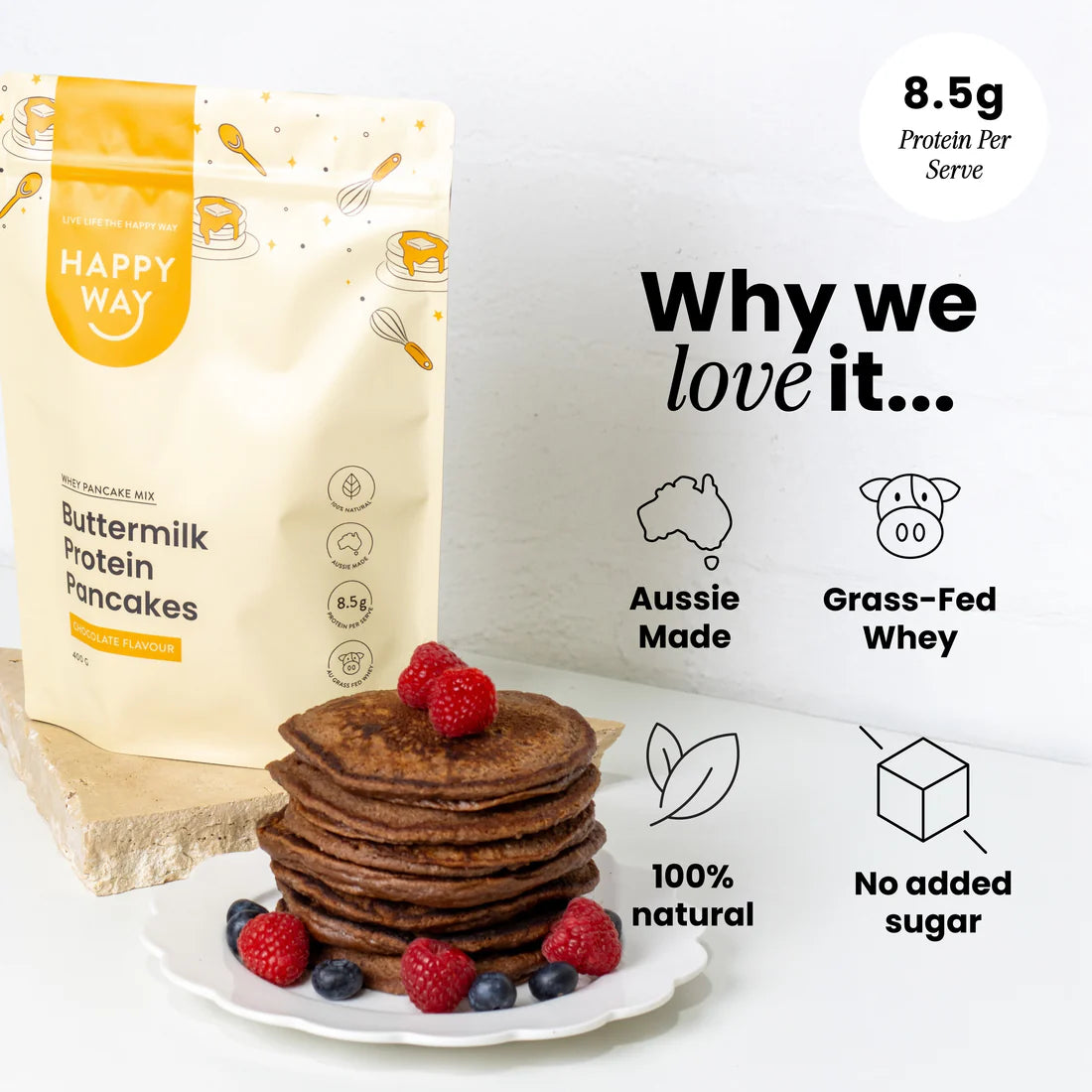 هابي واي خليط بان كيك مع واي بروتين طبيعي - بنكهة الشوكولاتة 400غم