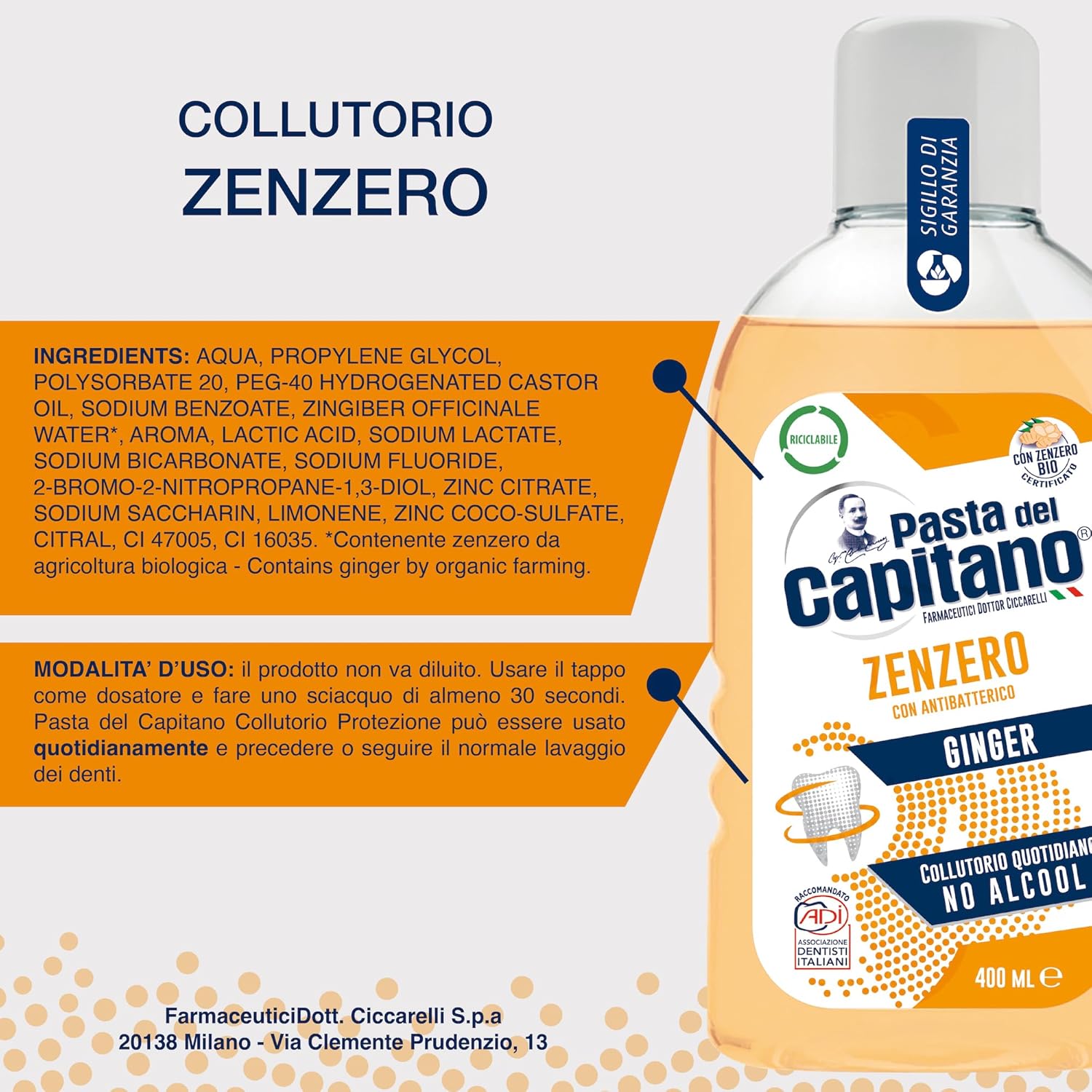 Pasta Del Capitano Zenzero Mouthwash Ginger flavored Alcohol-free 400 ml