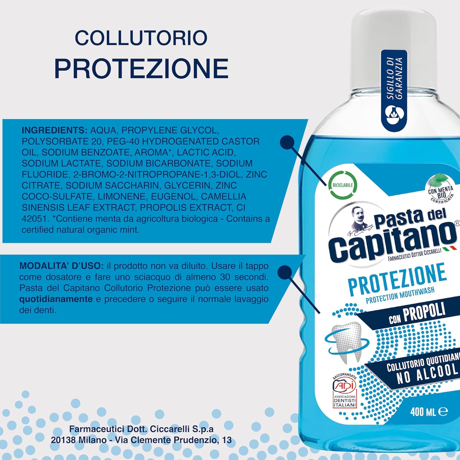 Pasta del Capitano Protezione Mouthwash No Alcohol with Propolis extract and Green Tea 400 ml