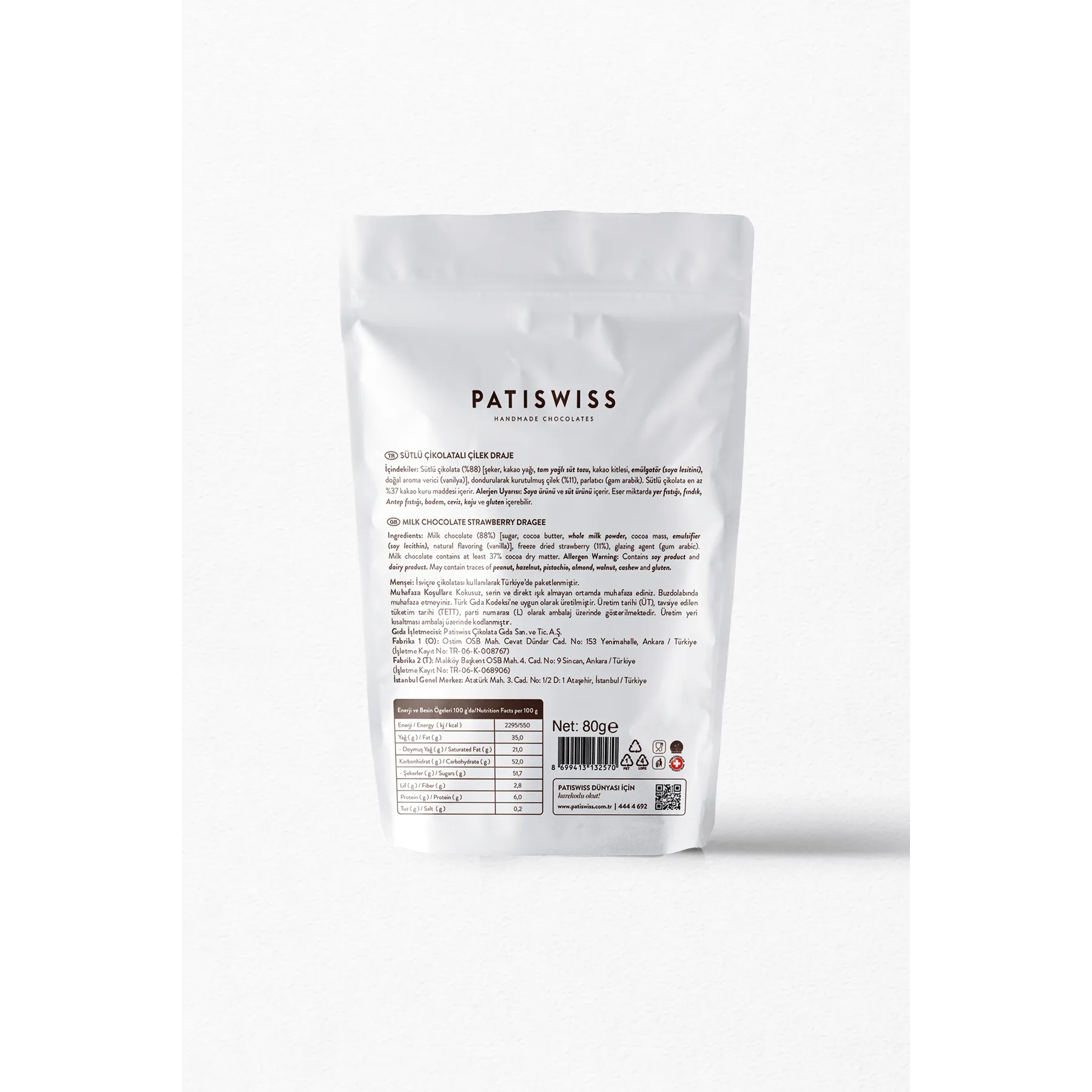 Patiswiss Freeze Dried Strawberry Covered with Milk Chocolate 80g