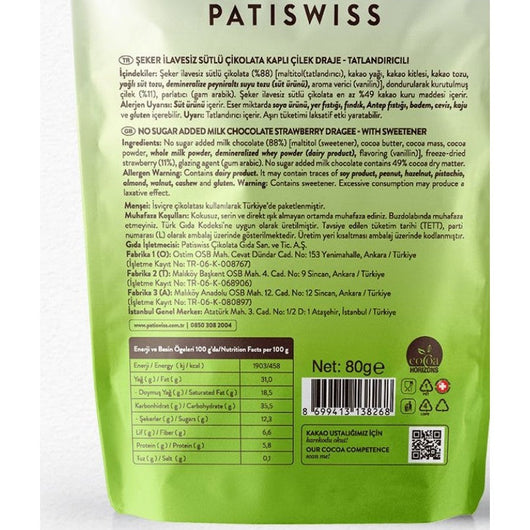 Patiswiss No Sugar Added Freeze Dried Strawberry Covered with Milk Chocolate 80g