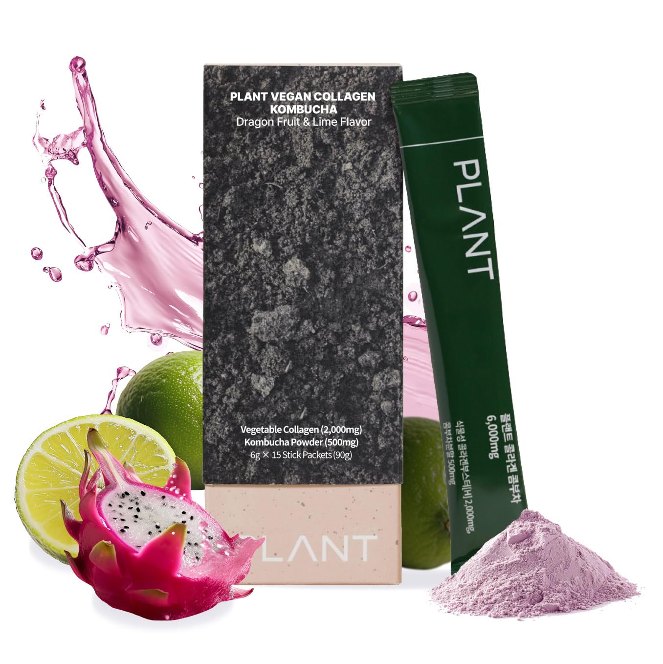 Plant Vegan Collagen Booster Kombucha Dragon Fruit Lime Flavor powder 15 pack (6g)