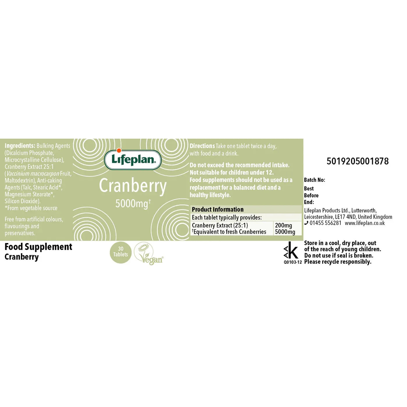 LifePlan Cranberry Extract 5000mg 30 Tablets Vegan