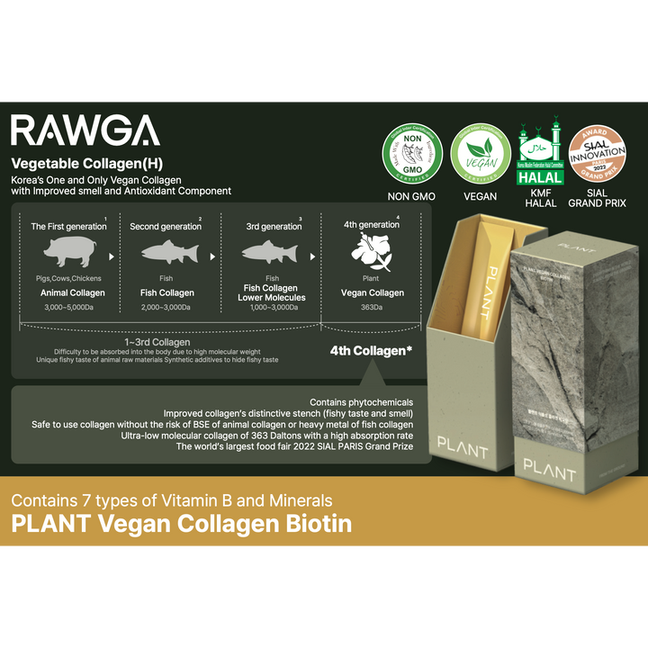 RAWGA PLANT Liquid Vegan Collagen with Biotin - Real Plant-Based Collagen Supplement, Low-Molecular Collagen Peptides, Lemon Flavor 15 Sticks