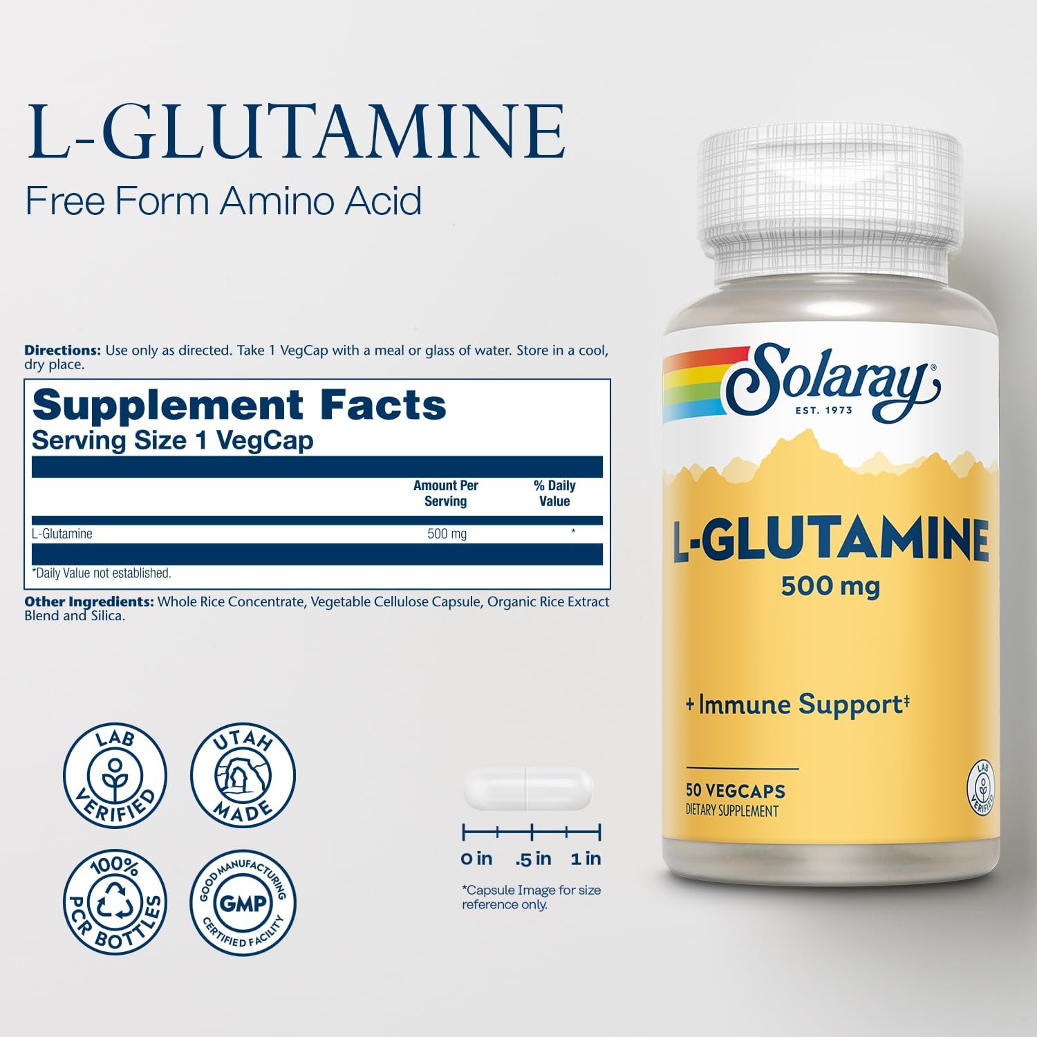 SOLARAY L-Glutamine 500mg | Healthy Muscle Recovery & Immune System Support | Non-GMO | Vegan | Lab Verified | 50 VegCaps