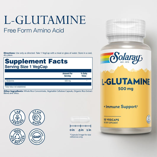 SOLARAY L-Glutamine 500mg | Healthy Muscle Recovery & Immune System Support | Non-GMO | Vegan | Lab Verified | 50 VegCaps