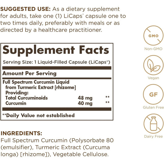 SOLGAR Full Spectrum Curcumin - 30 LiCaps - Superior Absorption - Vegan, Gluten Free, Non-GMO, Dairy Free - 30 Servings