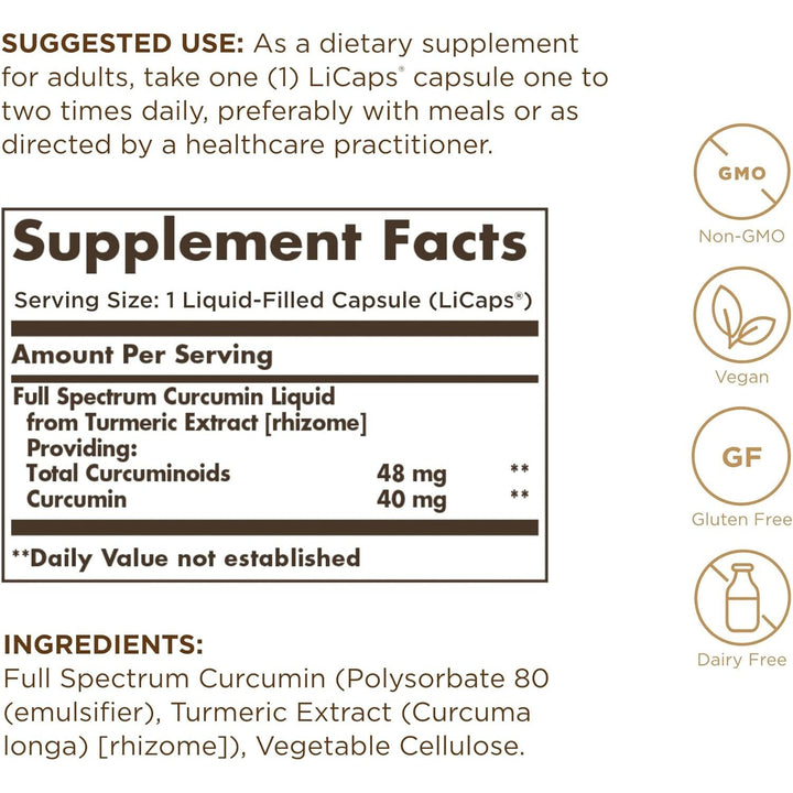 SOLGAR Full Spectrum Curcumin - 30 LiCaps - Superior Absorption - Vegan, Gluten Free, Non-GMO, Dairy Free - 30 Servings