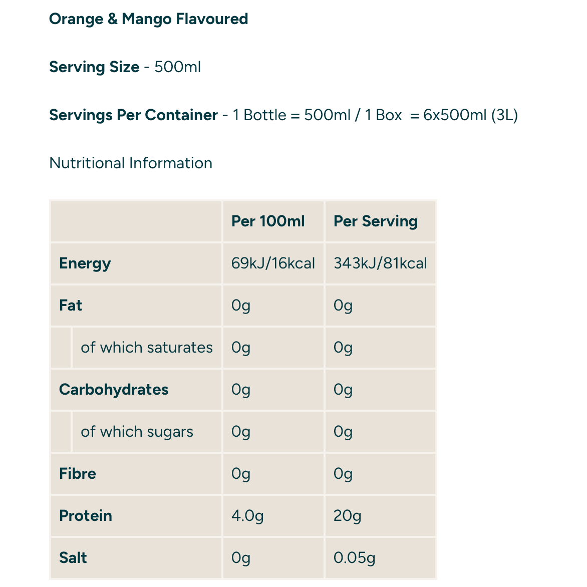 مياه بروتين صافية بنكهة البرتقال والمانجو 500 مل