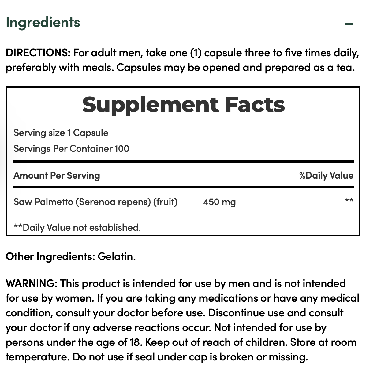 Nature's Bounty Saw Palmetto 450 mg, 100 Capsules