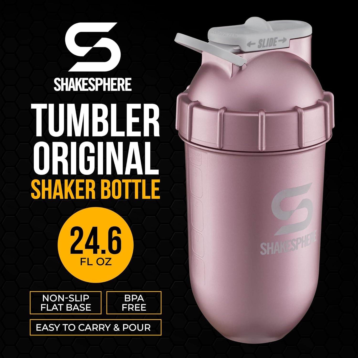 ShakeSphere Protein Shaker Bottle Tumbler View Rose Gold Clear Window 700ml
