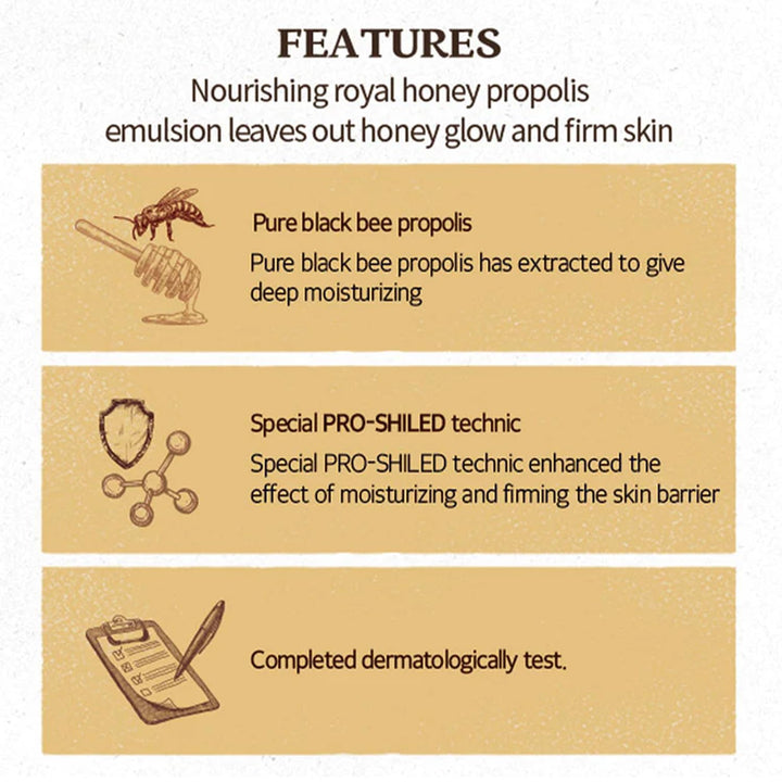 SkinFood Royal Honey Propolis Enrich Emulsion Concentrated Aged Honey Skin Nourishing & Hydrating Essential Emulsion, Skin Moisturizing & Glowing for Dry and Rough Skin 160ml