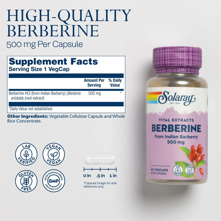 Solaray Berberine HCL 500 mg from Indian Barberry Root, Berberine HCl Extract 60 Vegetable Capsules