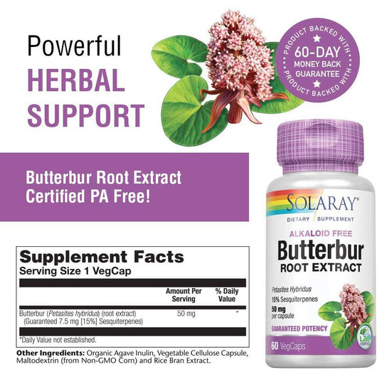 Solaray Butterbur Root Extract 50mg Vegan 60 Vegetable Capsules