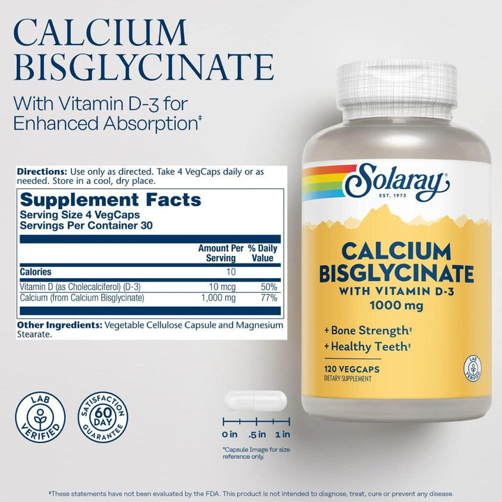 Solaray Calcium Bisglycinate 1000mg with Vitamin D3 120 veg caps