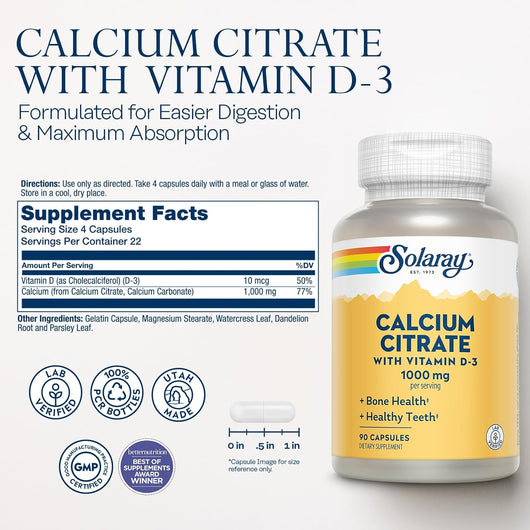 Solaray Calcium Citrate with Vitamin D3 1000mg 90 Capsules