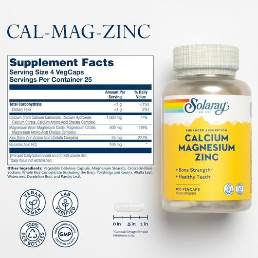 Solaray Calcium Magnesium Zinc with Calcium 1000mg, Magnesium 500mg 100 veg capsules