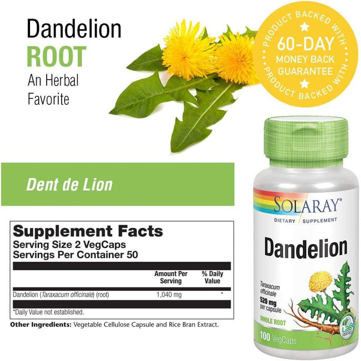 Solaray Dandelion Root 1040mg Non-GMO Vegan 100 Vegetable Capsules