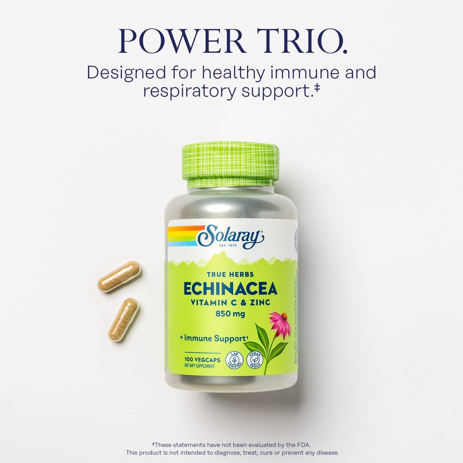 Solaray Echinacea with Vitamin C & Zinc 850mg Immune System Support With Bioflavonoids Non-GMO 100 Veg Capsules
