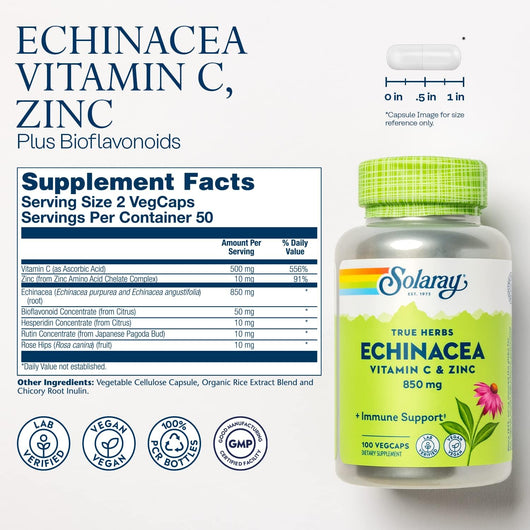 Solaray Echinacea with Vitamin C & Zinc 850mg Immune System Support With Bioflavonoids Non-GMO 100 Veg Capsules