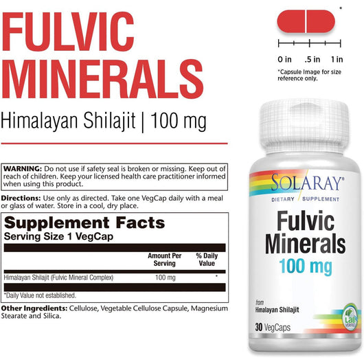 Solaray Fulvic Minerals 100 mg from Himalayan Shilajit for Brain Health and Healthy Digestion 30 VegCaps