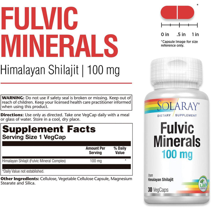 Solaray Fulvic Minerals 100 mg from Himalayan Shilajit for Brain Health and Healthy Digestion 30 VegCaps