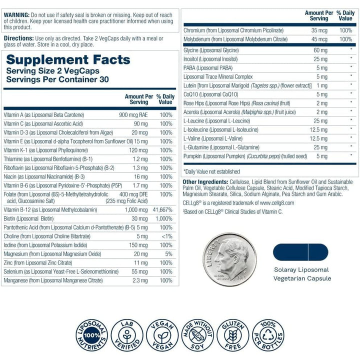 Solaray High Potency Liposomal Multivitamin Men's with CELLg8 and BCAA's Vegan 60 Vegetable Capsules