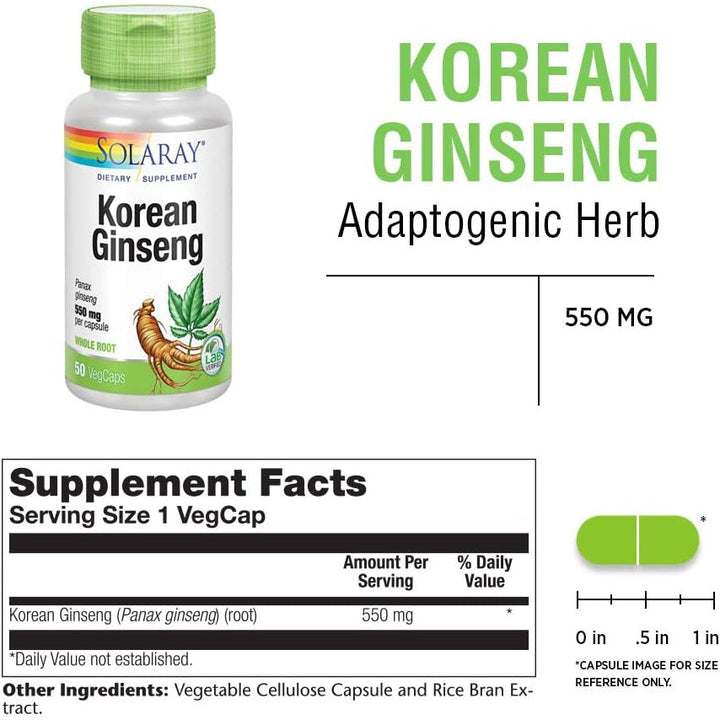 Solaray Korean Ginseng 550 mg Vegan Non-GMO | Healthy Stress, Energy & Physical Endurance Support | 100 VegCaps