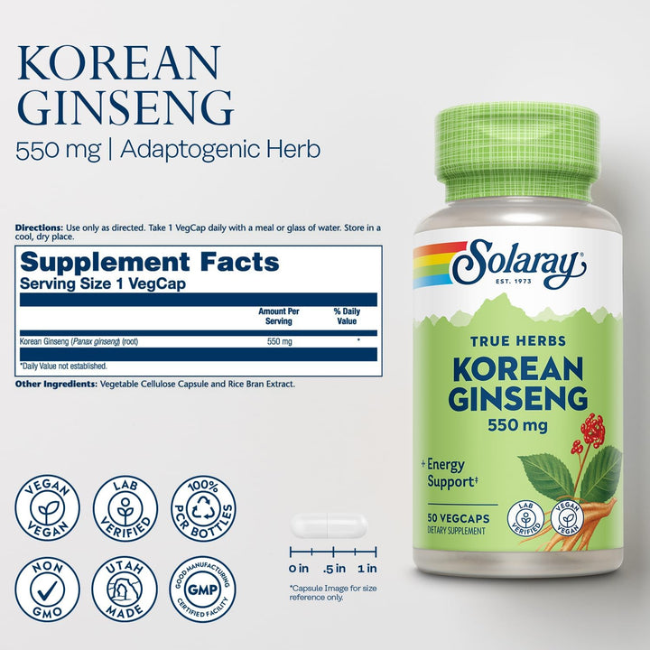 Solaray Korean Ginseng 550 mg Vegan Non-GMO | Healthy Stress, Energy & Physical Endurance Support | 50 VegCaps