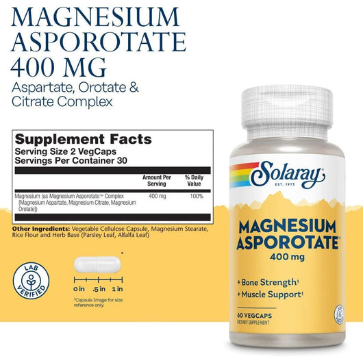 Solaray Magnesium Asporotate Complex 400mg (as Magnesium Aspartate, Magnesium Citrate, Magnesium Orotate) 60 veg caps