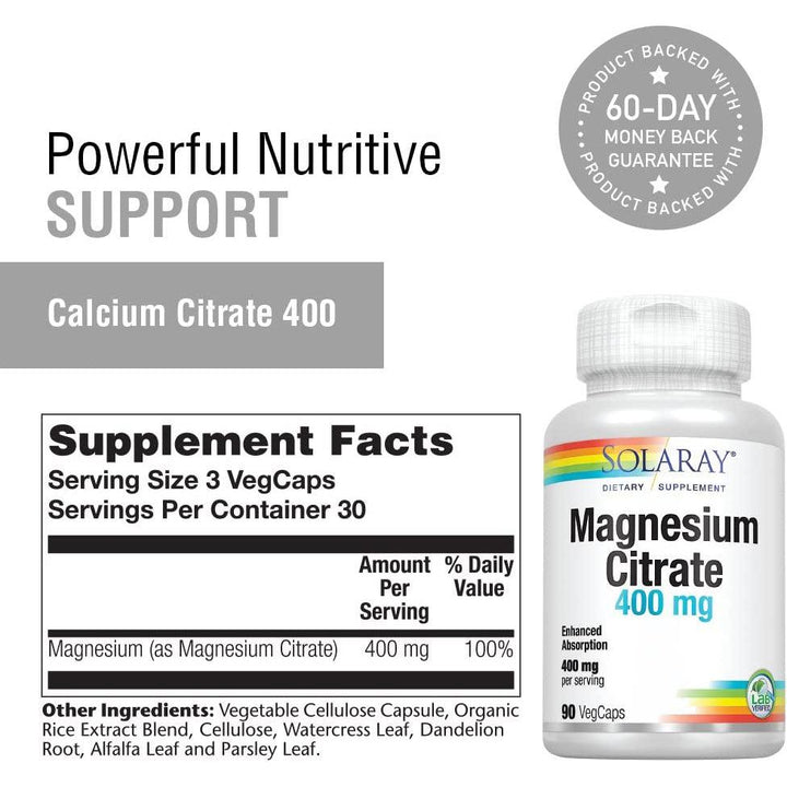 Solaray Magnesium Citrate 400mg 90 Vegetable Capsules