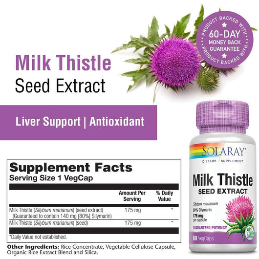 Solaray Milk Thistle Seed Extract 175mg Antioxidant Intended to Help Support a Normal, Healthy Liver Non-GMO & Vegan 60 Vegetable Capsules