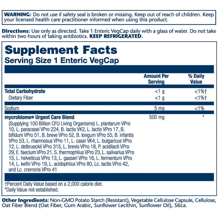 Solaray Mycrobiome Probiotic Urgent Care 100 Billion 24 Strain with Prebiotic Inulin 30 Vegan Capsules