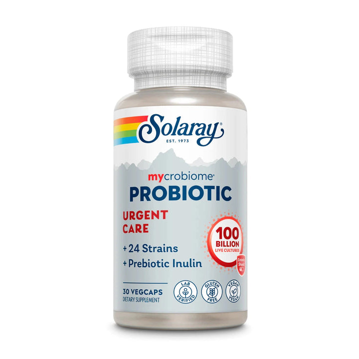 Solaray Mycrobiome Probiotic Urgent Care 100 Billion 24 Strain with Prebiotic Inulin 30 Vegan Capsules