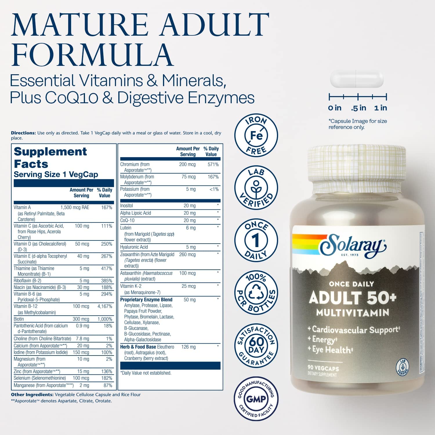 Solaray Once Daily Adult 50+ Multivitamin Healthy Energy, Heart & Immune Support for Mature Adults 90 Vegetable Capsules
