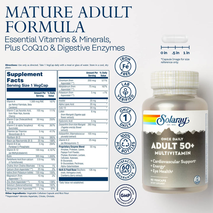 Solaray Once Daily Adult 50+ Multivitamin Healthy Energy, Heart & Immune Support for Mature Adults 90 Vegetable Capsules