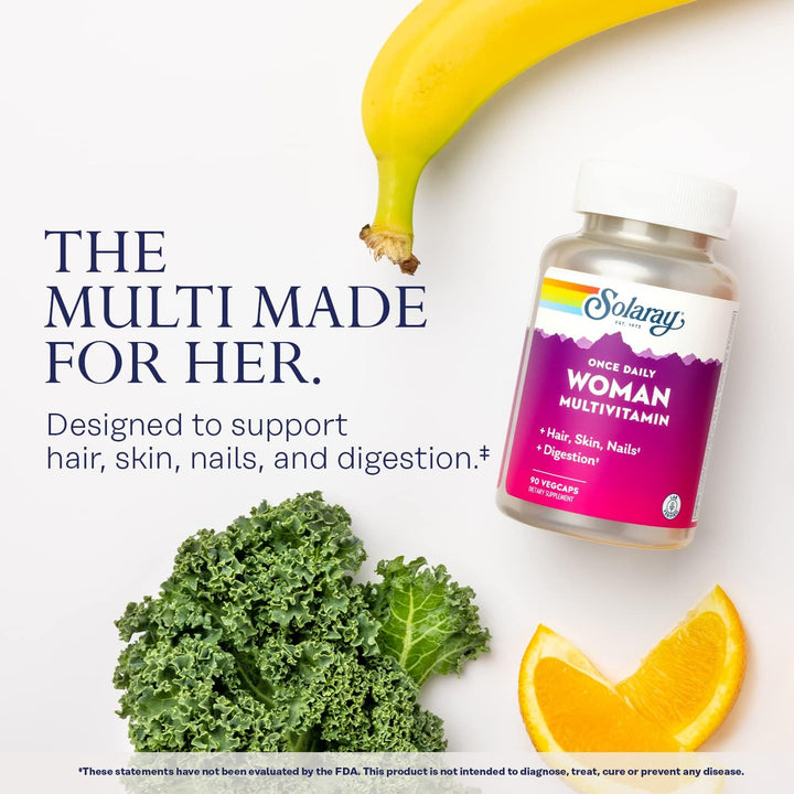 Solaray Once Daily Woman Multivitamin with Iron, Hair, Skin & Nails Blend, Enzyme Blend & Whole Food Base 90 VegCaps