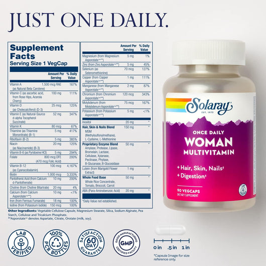 Solaray Once Daily Woman Multivitamin with Iron, Hair, Skin & Nails Blend, Enzyme Blend & Whole Food Base 90 VegCaps