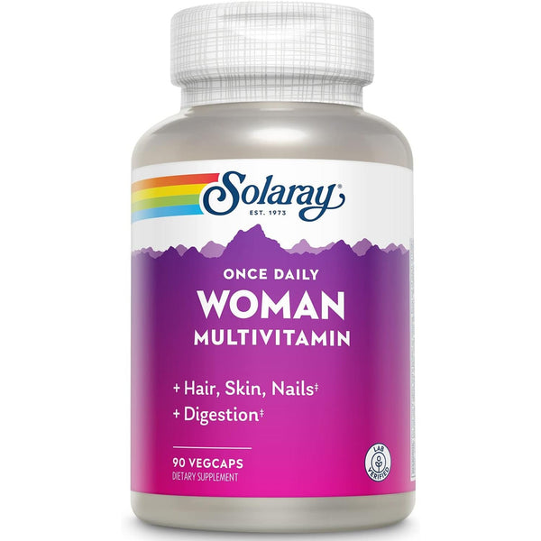 Solaray Once Daily Woman Multivitamin with Iron, Hair, Skin & Nails Blend, Enzyme Blend & Whole Food Base 90 VegCaps