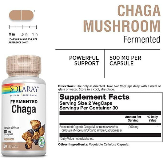 Solaray Organic Fermented Chaga Mushroom 500mg Healthy Immune Function Support 60 Vegetable Capsules