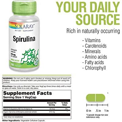 Solaray Organic Spirulina 410mg 100 Vegetable Capsules 100% Vegan and Non-GMO