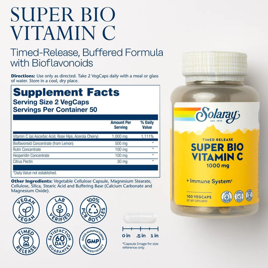 Solaray Super Bio Vitamin C with Bioflavonoids Timed-Release Formula 1000mg 100 Vegetarian Capsules