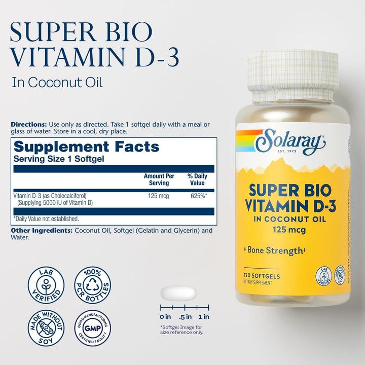 Solaray Super Bio Vitamin D3 in Coconut Oil 5000 IU Designed for Better Absorption 120 Softgels