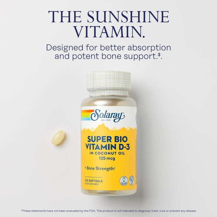 Solaray Super Bio Vitamin D3 in Coconut Oil 5000 IU Designed for Better Absorption 120 Softgels