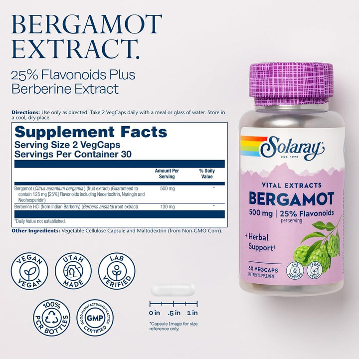 Solaray Vital Extracts Bergamot 500 Mg 25% Flavonoids Plus Berberine Hcl 60 veg capsules