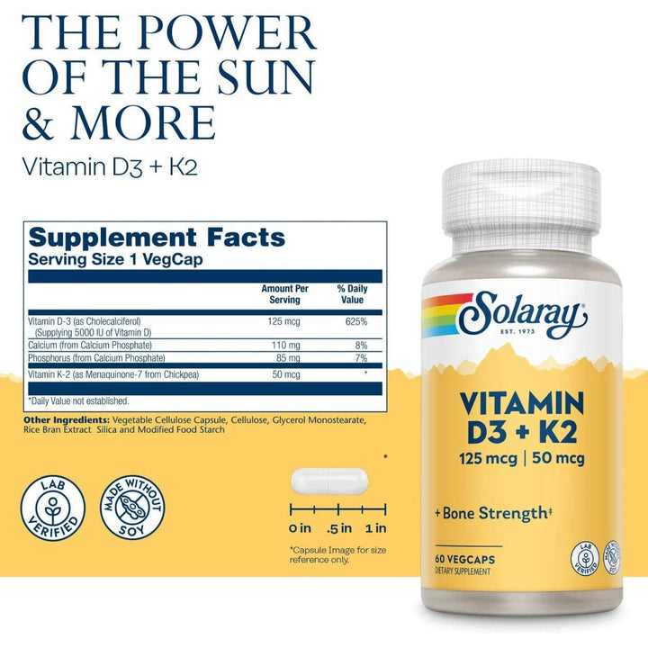 Solaray Vitamin D3 with K2 125mcg 5000IU 60 Vegetable Capsules